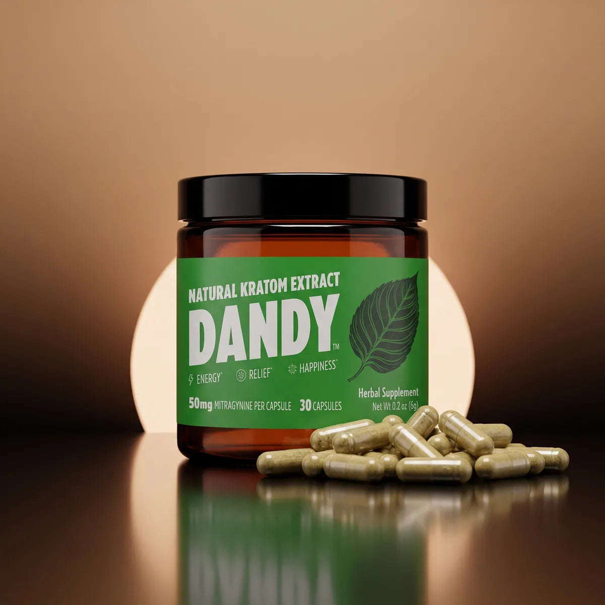 Dandy 50 mg extract capsules jar with a pile of capsules in front
