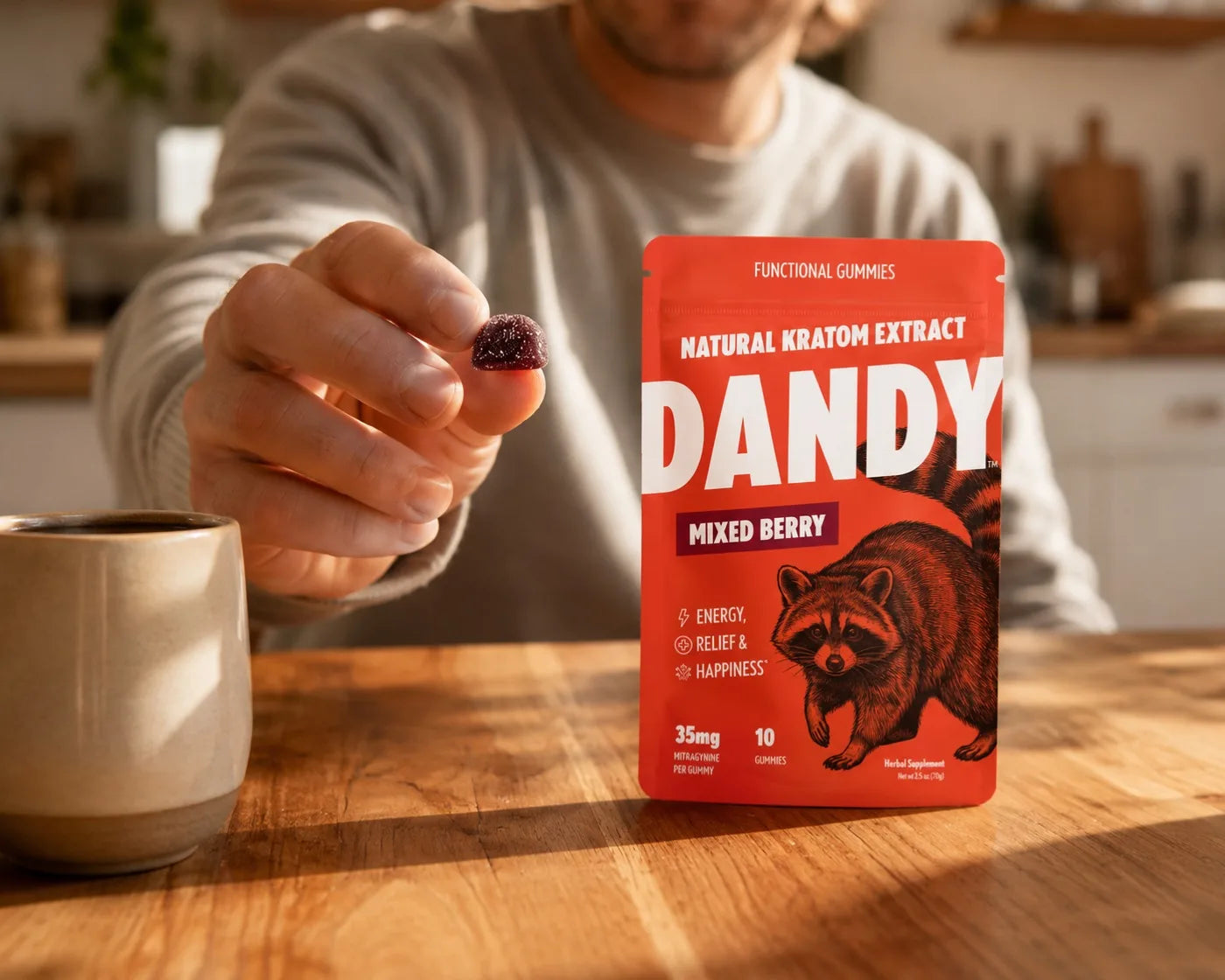 Holding one Dandy gummy over morning coffee, pouch on the counter