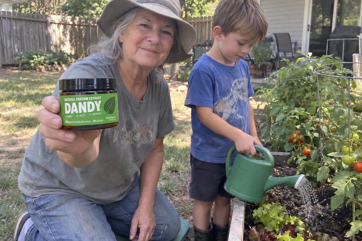 A woman at a raised garden bed with her grandchild, holding a jar of Dandy capsules