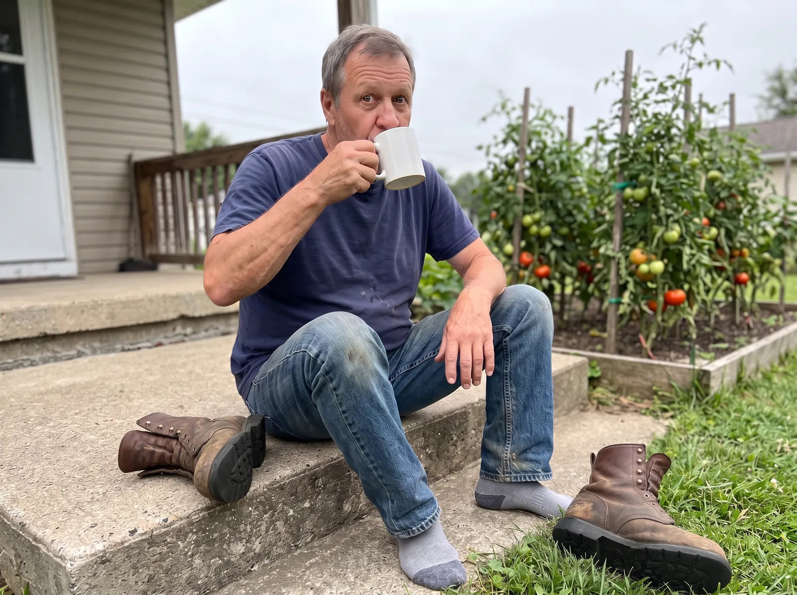 Jack on his back porch step in late afternoon, boots off, coffee in hand, smiling at the camera, tomato plants behind him