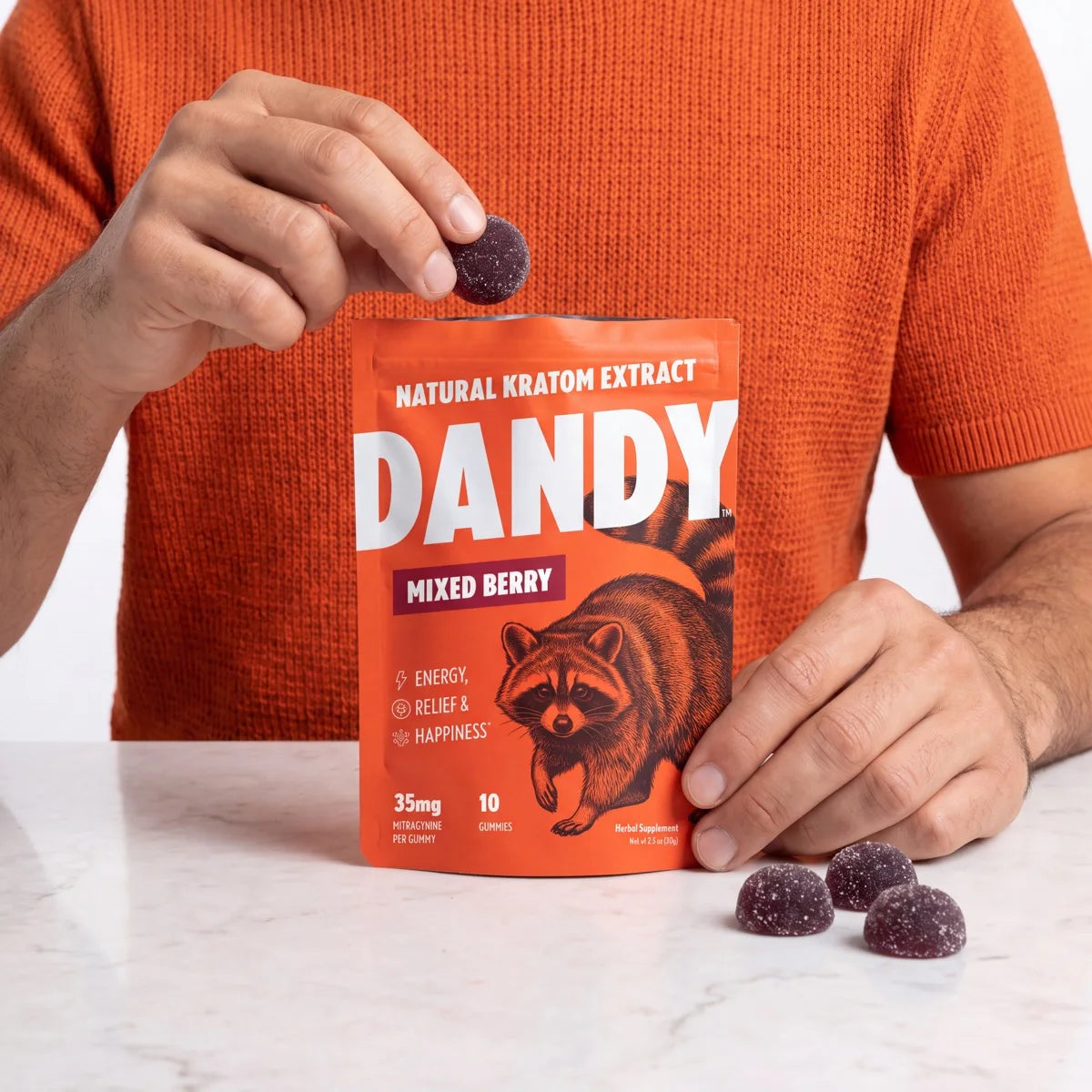 Dandy gummy and pouch on a counter