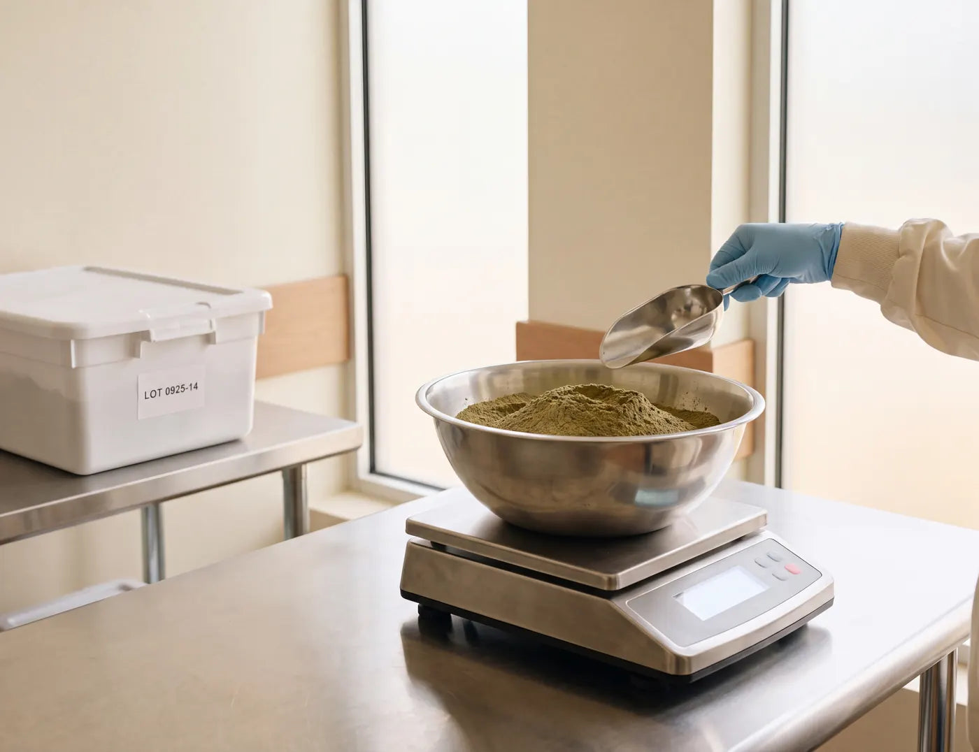 Weigh station on the production floor with a labeled container on the scale.