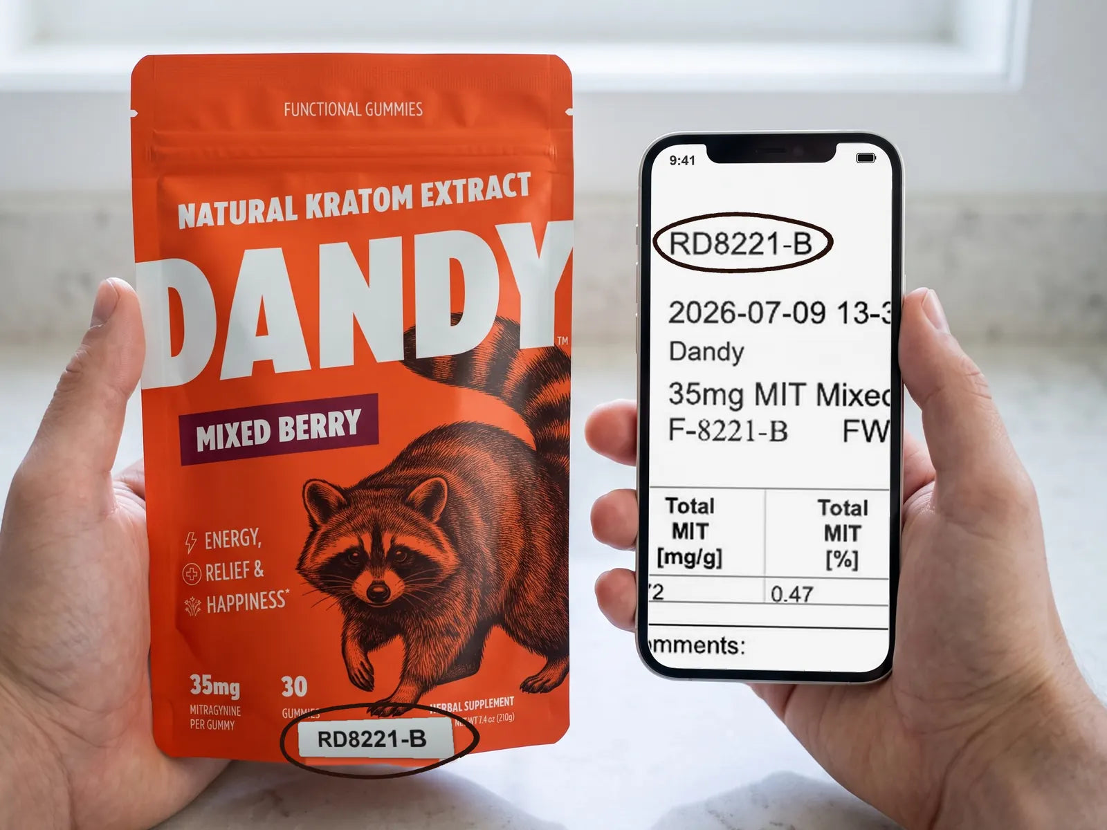A Dandy mixed berry pouch with batch RD8221-B printed on it, beside a phone showing the potency report for the same batch.