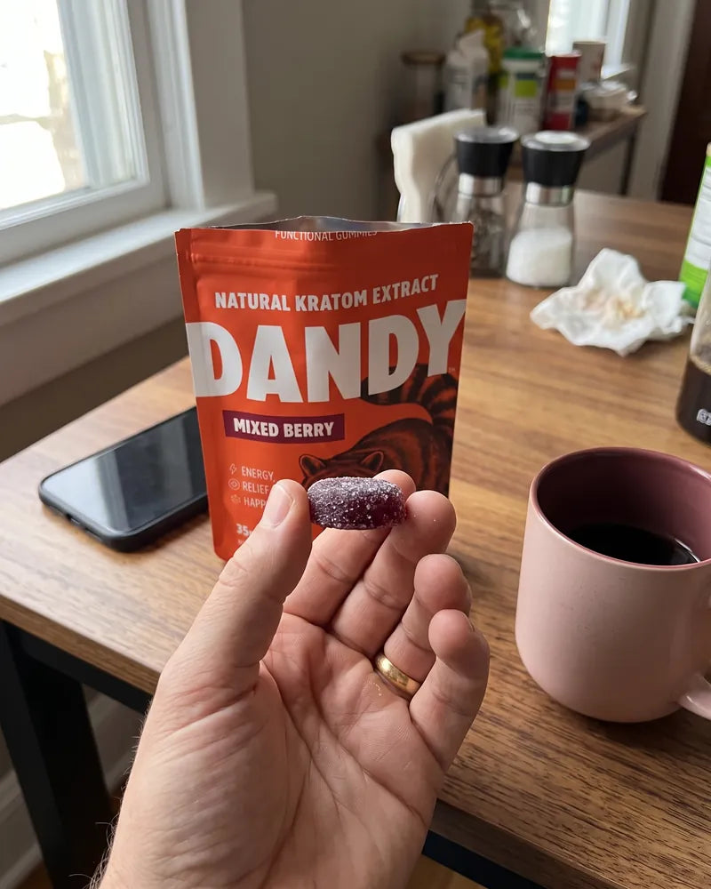 A customer holding a Dandy mixed berry gummy over a desk.