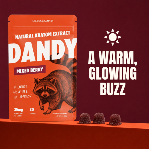 Dandy Feel-Good Kratom Leaf Gummies pouch with three gummies and the words A warm, glowing buzz