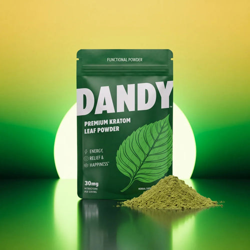 Dandy premium kratom leaf powder pouch beside loose milled leaf
