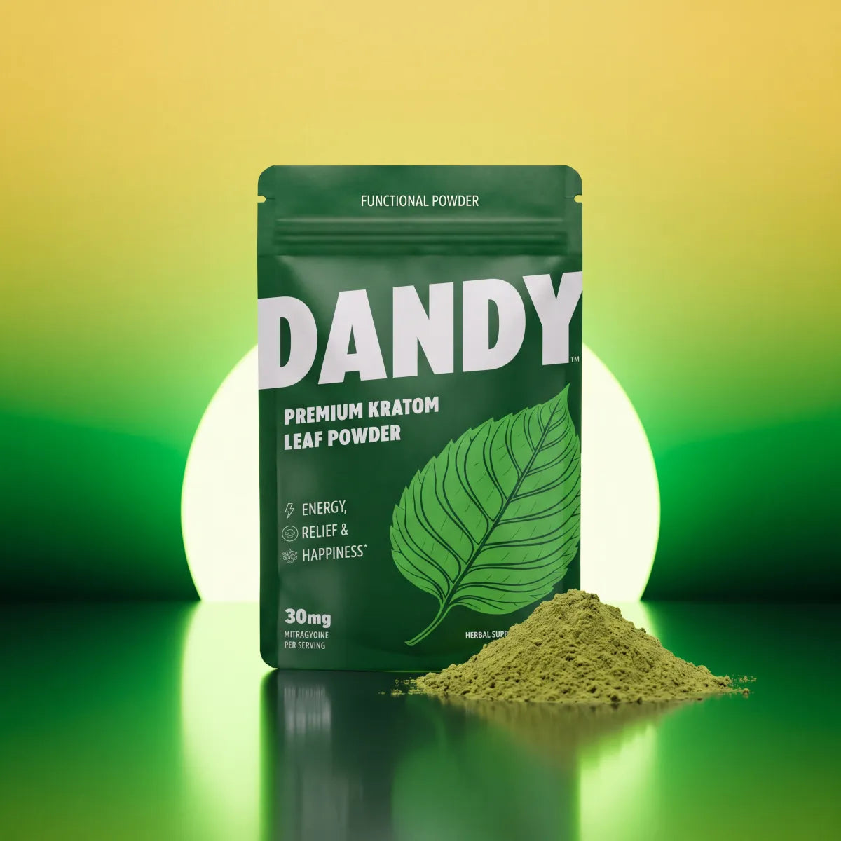 Dandy leaf powder pouch beside a mound of loose milled leaf