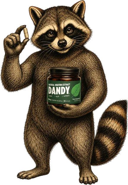 Rocky the Dandy raccoon holding a capsules jar and a single capsule