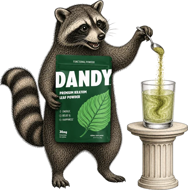 Rocky the Dandy raccoon stirring leaf powder into a glass