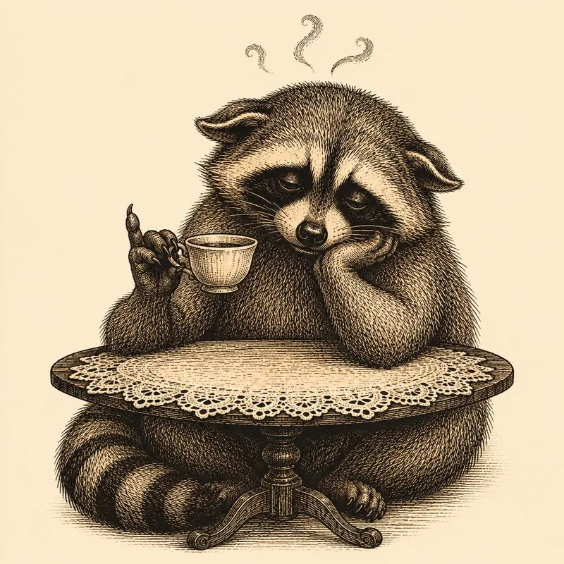Bored raccoon nodding off over a dainty teacup