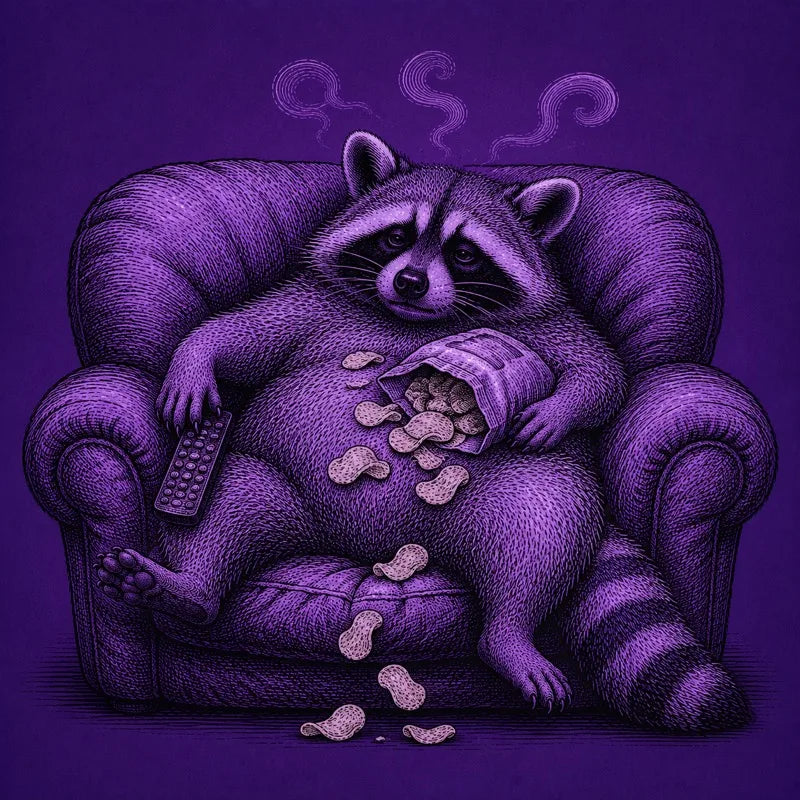 Raccoon melted into an armchair with chips and a TV remote
