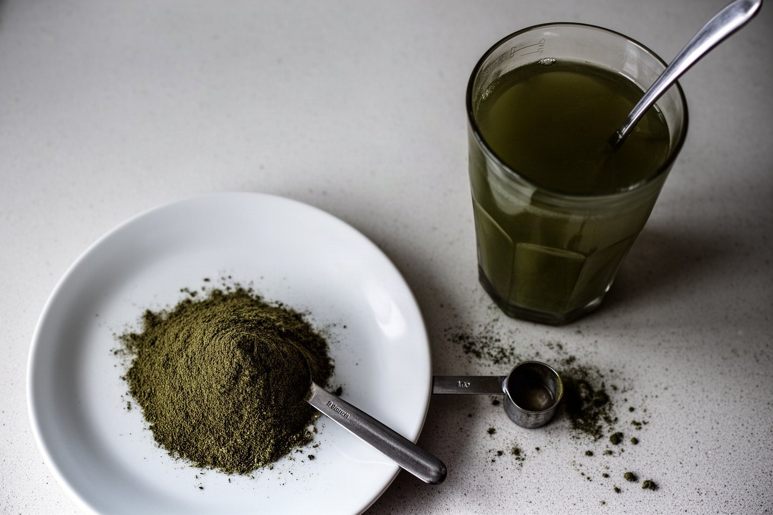 A pile of green herbal powder on a plate beside a scoop and a glass of murky water