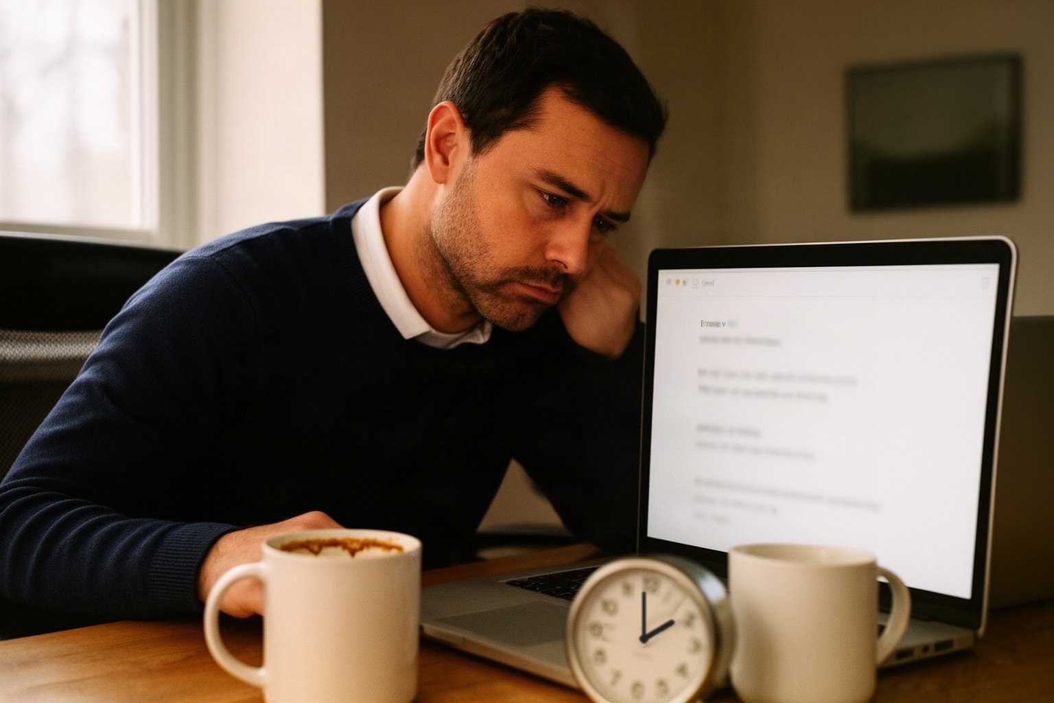 A man slumped at a home office desk at 2 PM, a half-written email on the laptop screen, a coffee mug at his hand, a second empty mug pushed aside, and a desk clock reading two o'clock