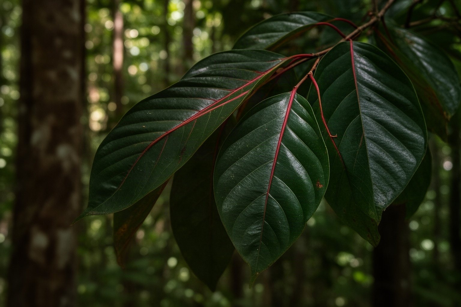 Glossy green leaves of the Mitragyna speciosa tree in dappled forest light