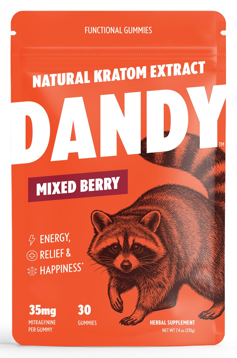 Front of the Dandy Mixed Berry Gummies pouch showing the mitragynine amount per gummy