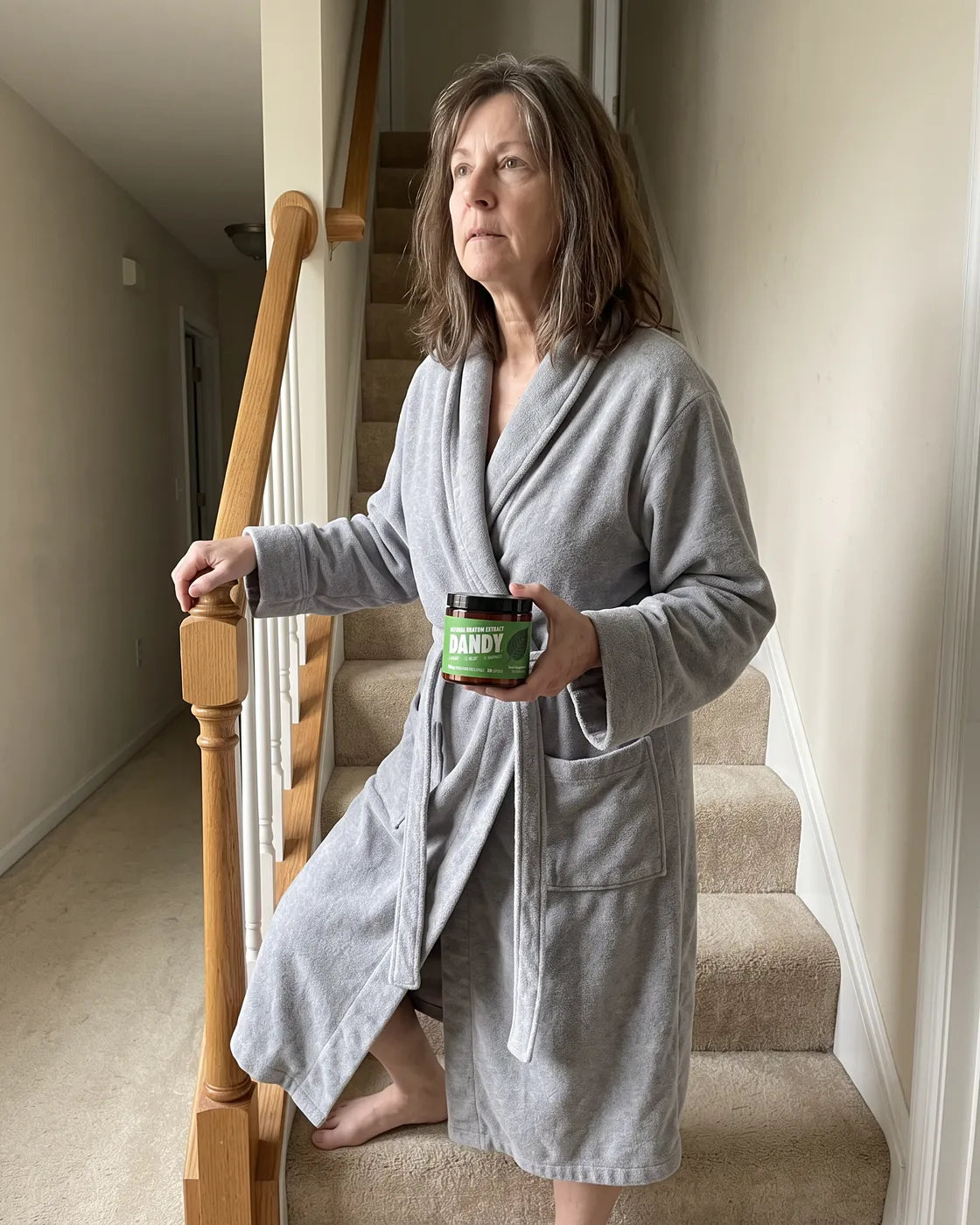 A woman in a robe at the bottom of the stairs holding a jar of Dandy capsules