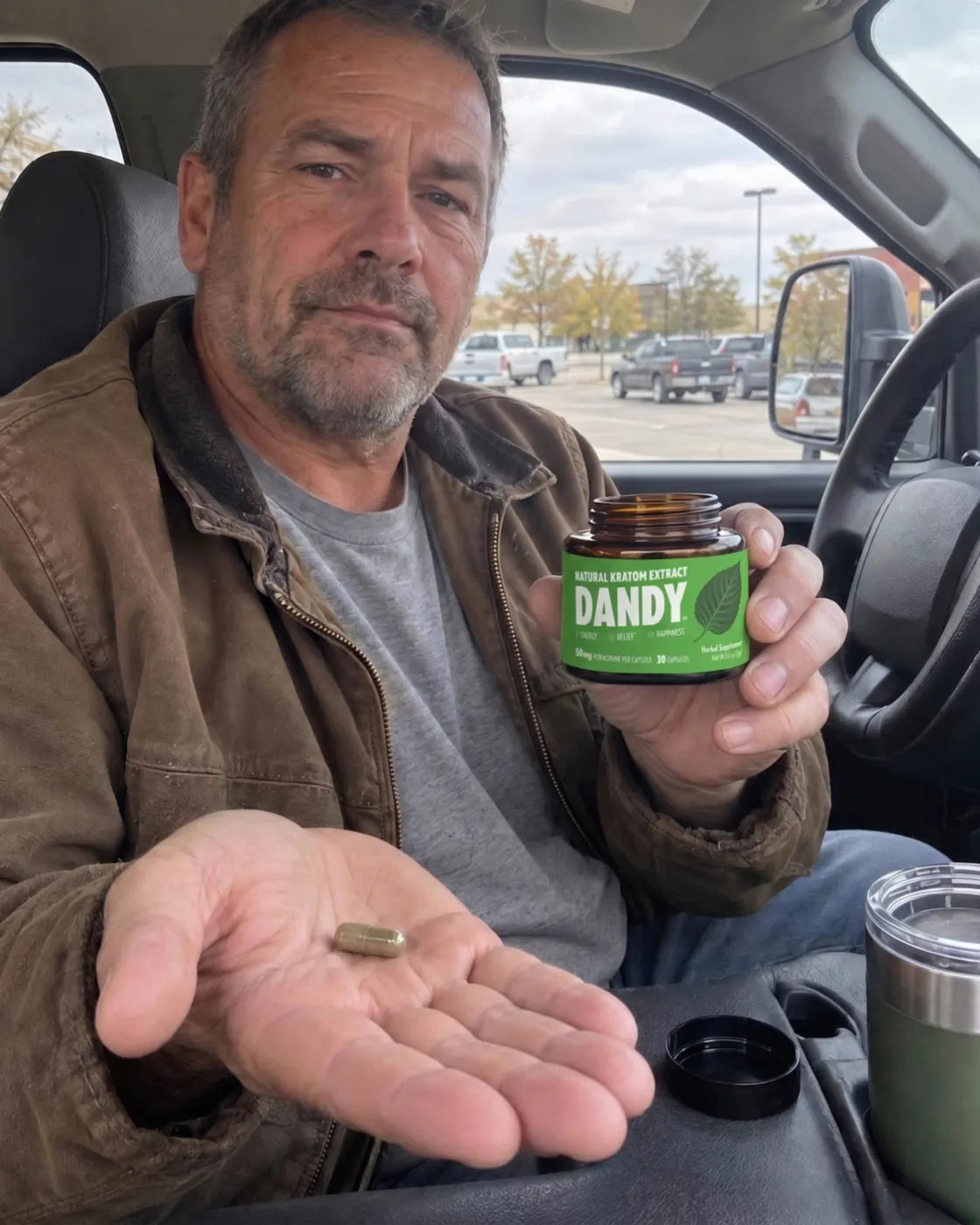 A man in a pickup truck tipping a Dandy capsule into his palm