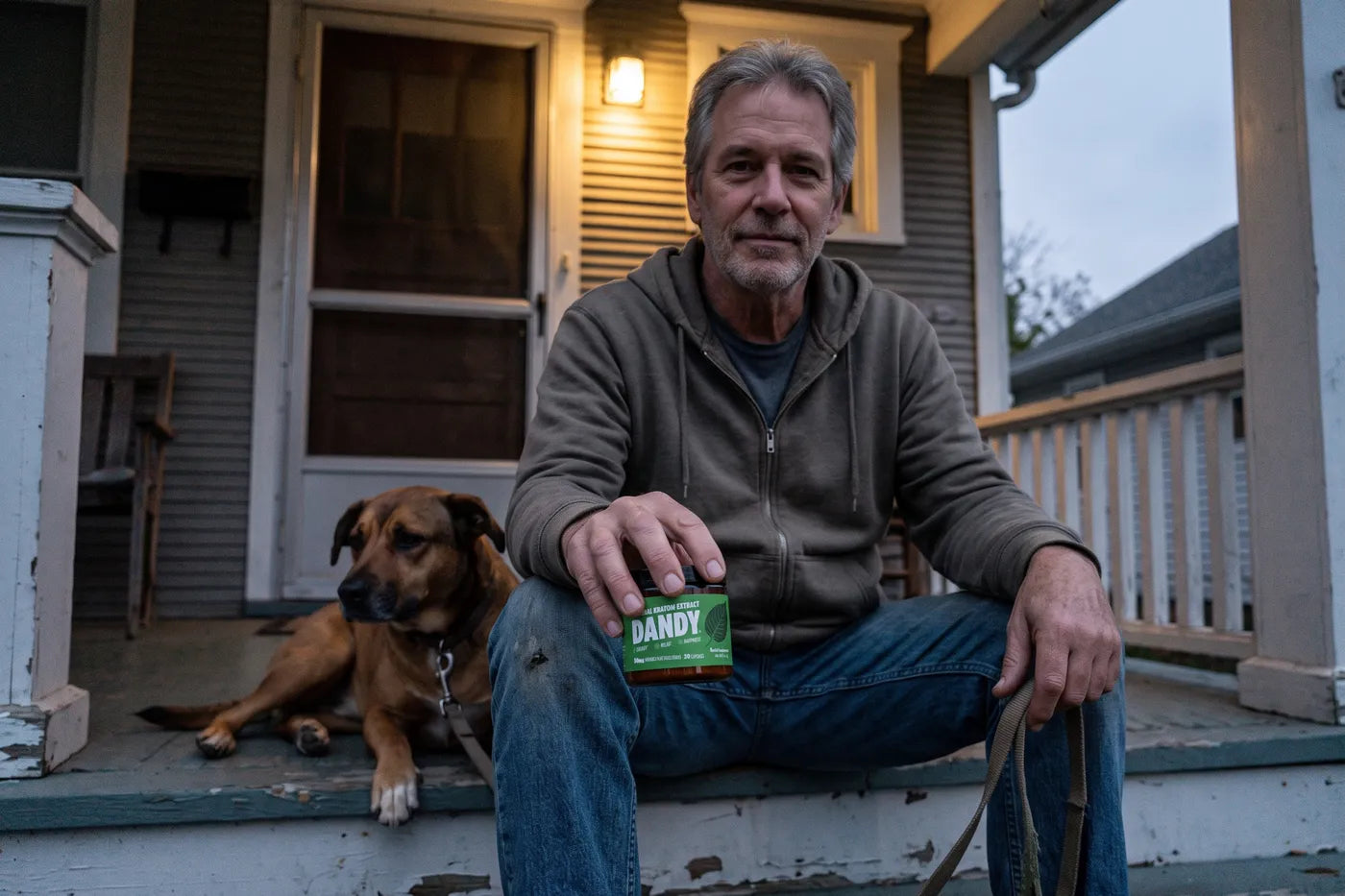 A man on his porch steps at dusk with his dog and a jar of Dandy capsules