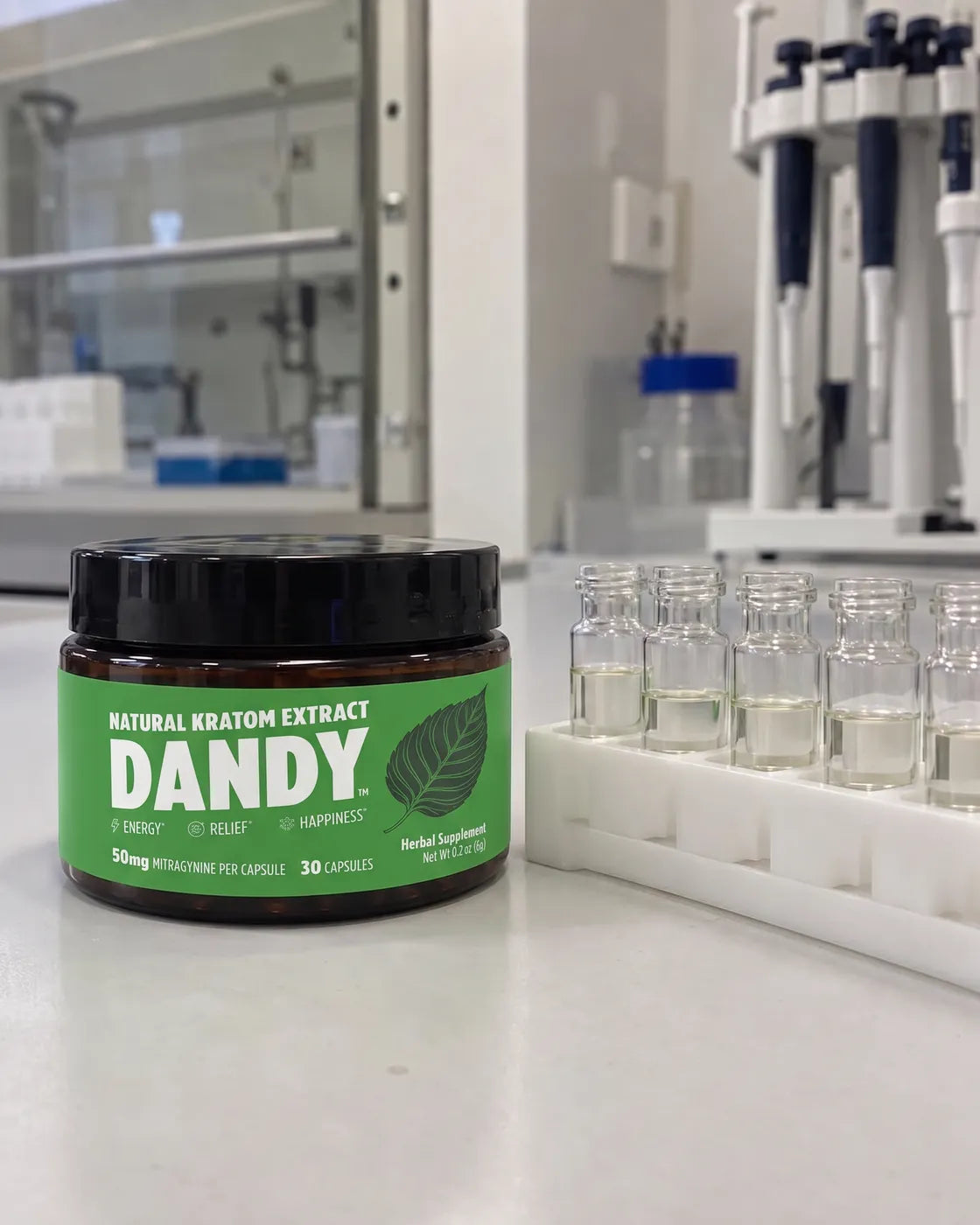 A jar of Dandy capsules on a lab bench beside sample vials