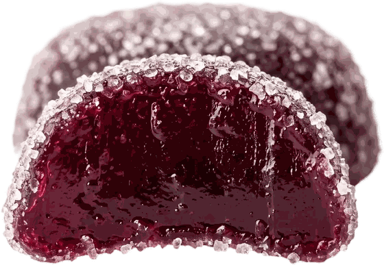 A Dandy gummy bitten in half, glossy berry-red inside with a sugar rim