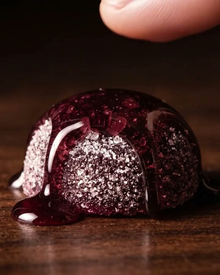 A fingertip gently pressing a glazed, sugar-coated Dandy gummy on black wood