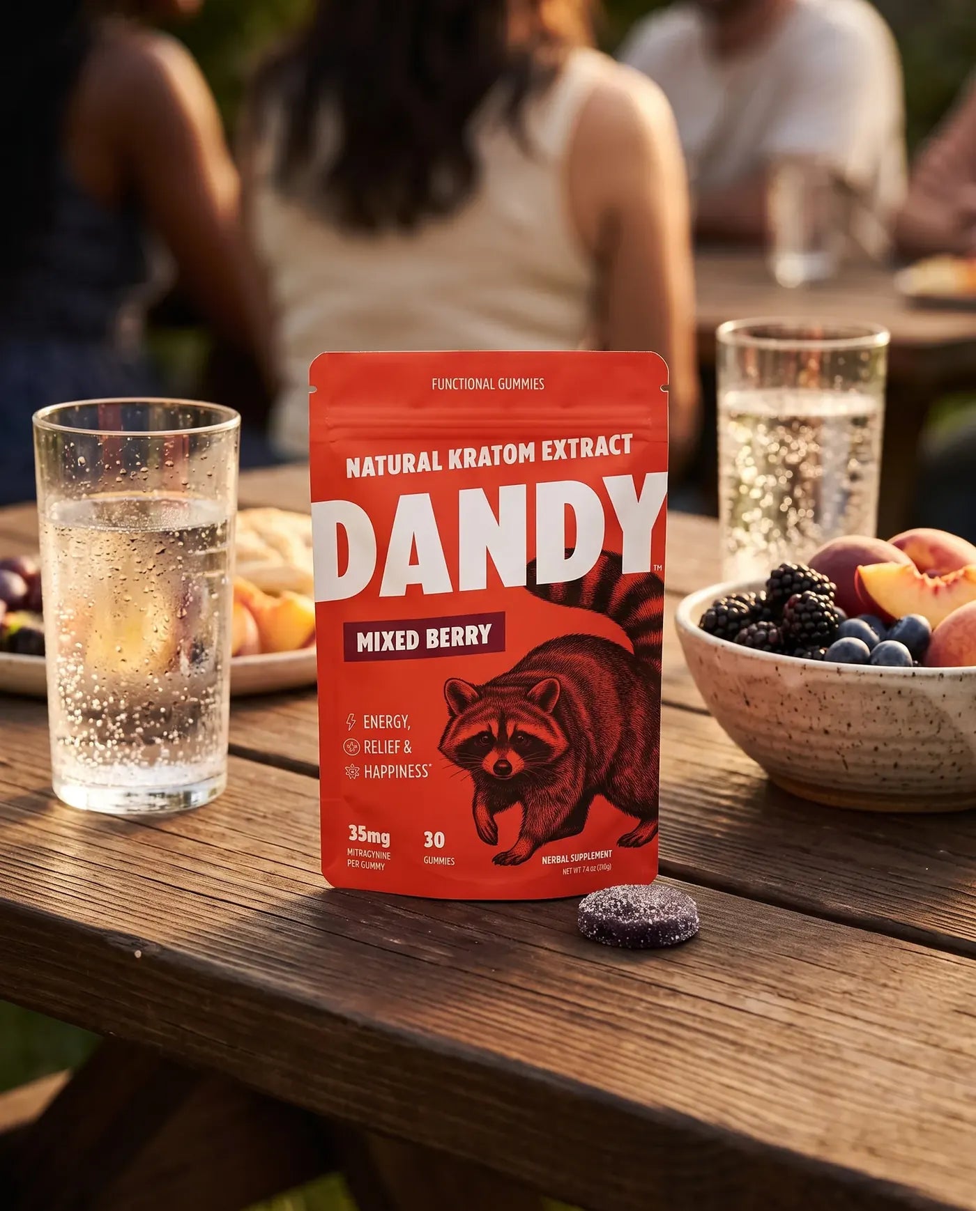 Dandy pouch on a picnic table in the afternoon sun