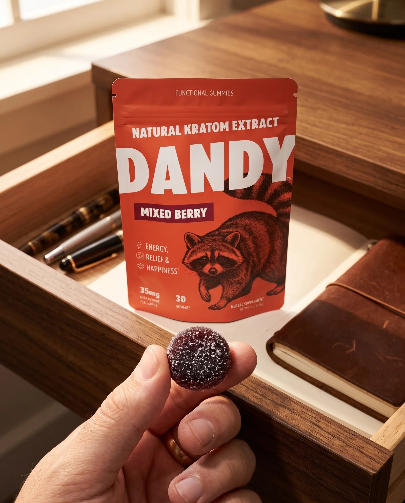 A hand holding a Dandy gummy with the pouch in an open desk drawer behind