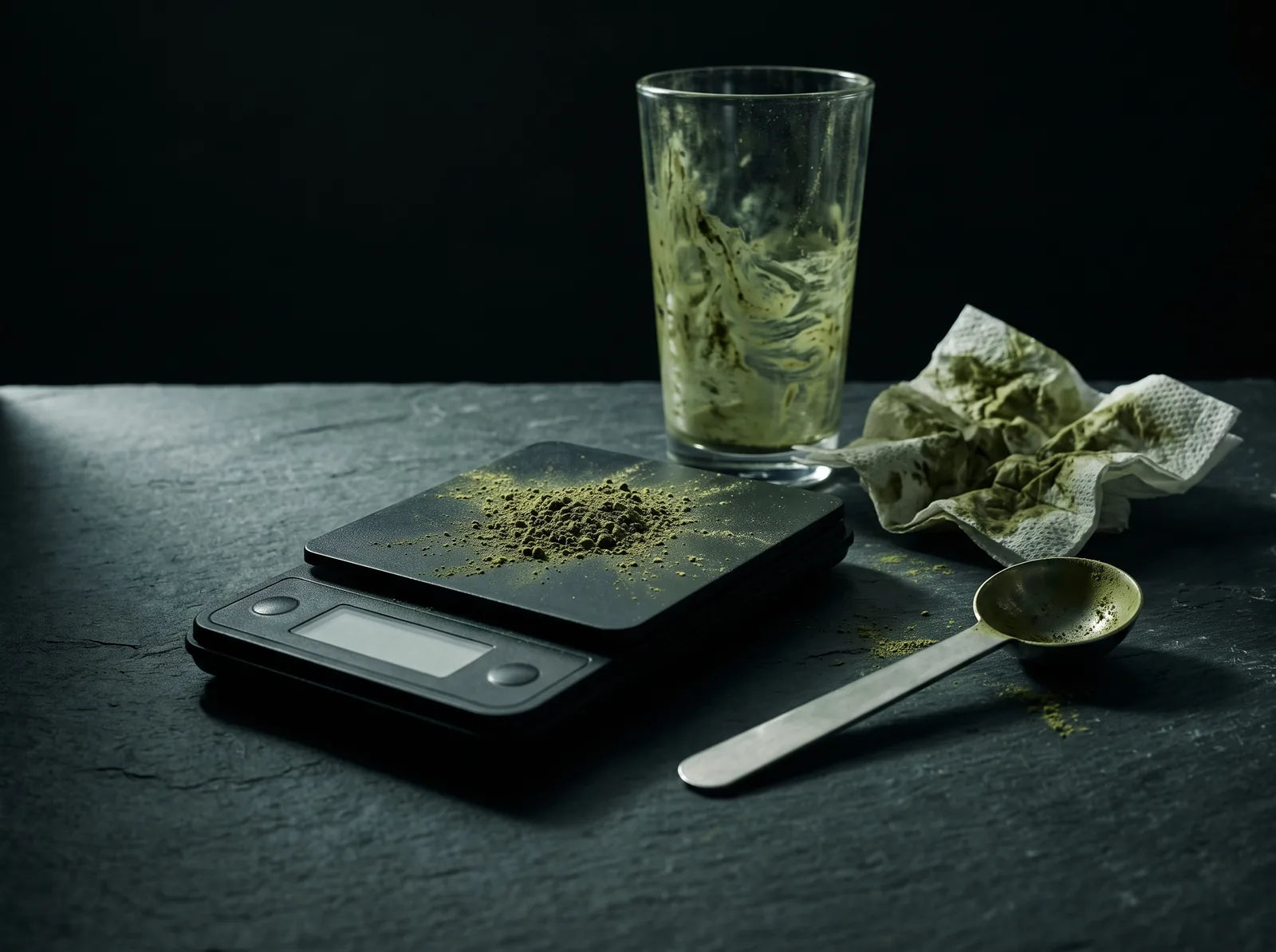 A kitchen scale, an unwashed scoop, a cloudy glass with green residue and a used napkin on a counter