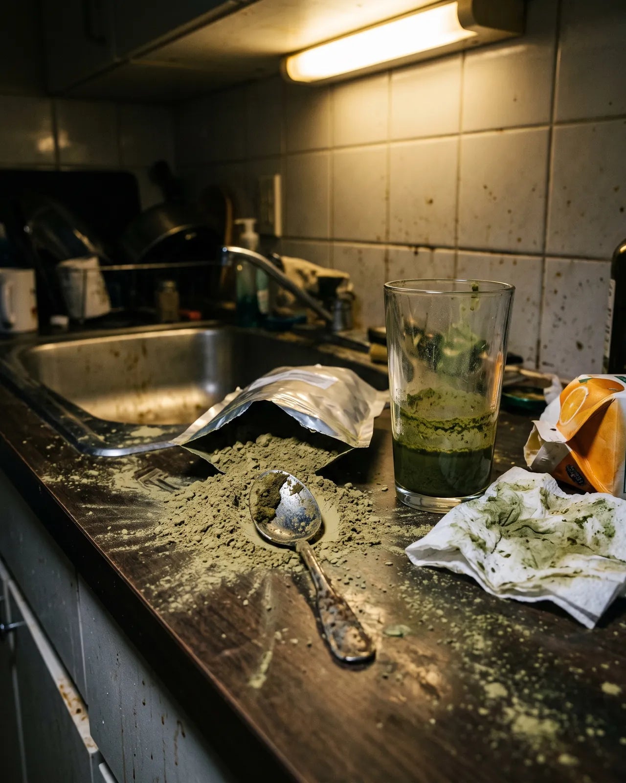 Spilled green kratom powder across a grimy counter with a crusted spoon, a sludge-ringed glass and a stained napkin