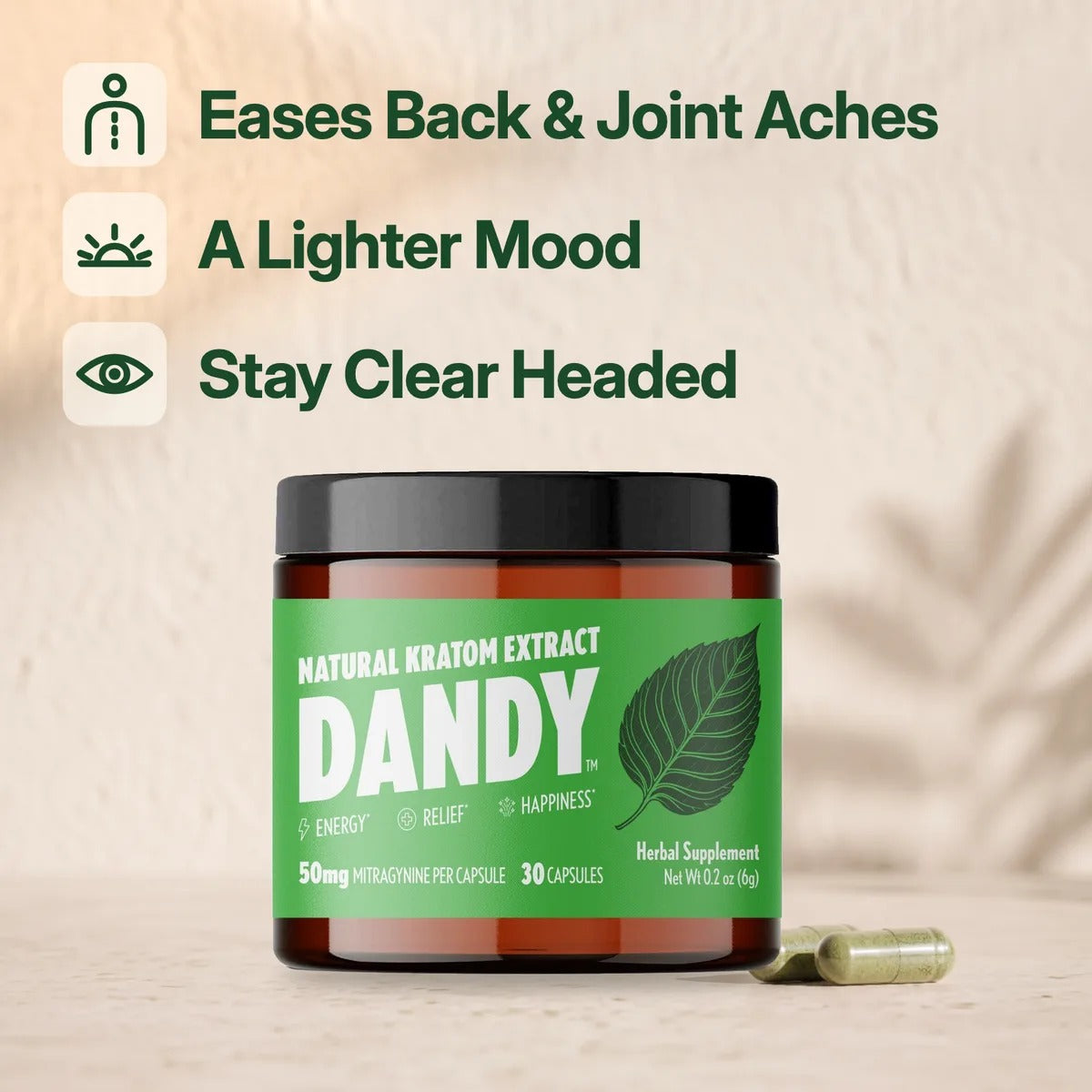 A Dandy jar of extract capsules against a warm beige wall with soft leaf shadows, two capsules beside it, and three benefit labels: Eases Back & Joint Aches, A Lighter Mood, Stay Clear Headed