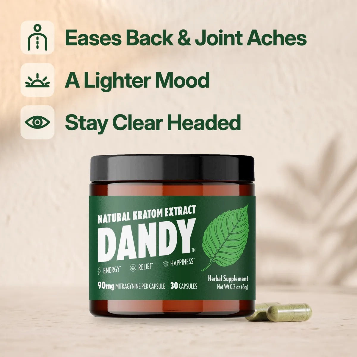 A Dandy jar of extract capsules against a warm beige wall with soft leaf shadows, two capsules beside it, and three benefit labels: Eases Back & Joint Aches, A Lighter Mood, Stay Clear Headed