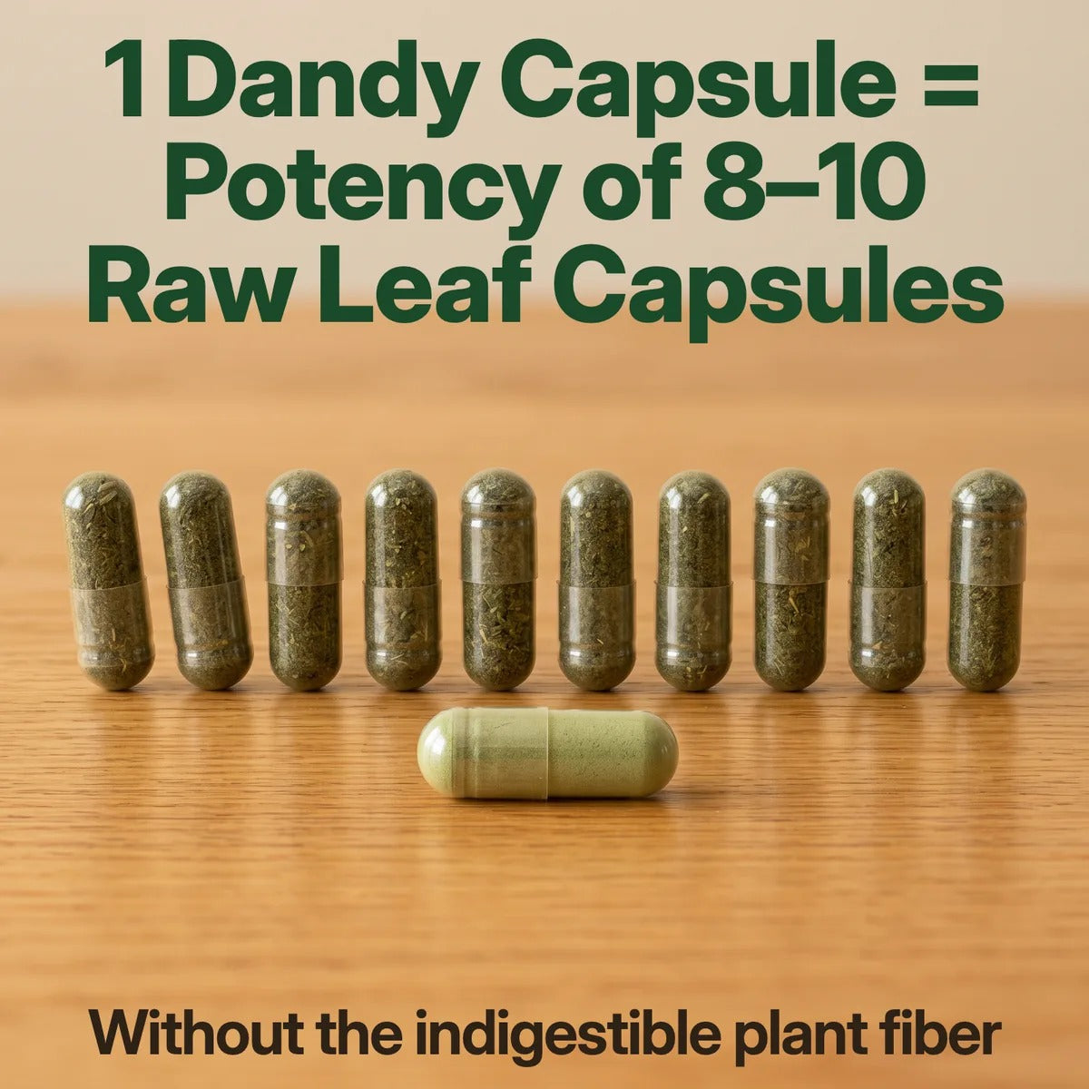 1 Dandy Capsule = Potency of 8–10 Raw Leaf Capsules. Without the indigestible plant fiber. One clear Dandy capsule of fine green powder in front of a row of ten darker raw-leaf capsules