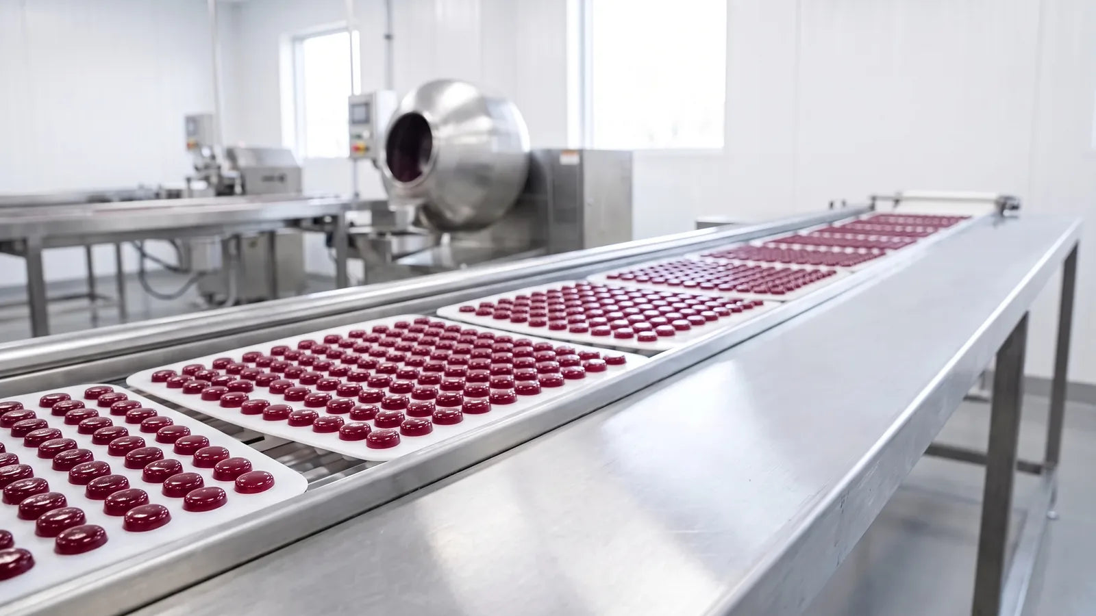A bright gummy production room: molded berry gummies moving toward the sugar-coating drum