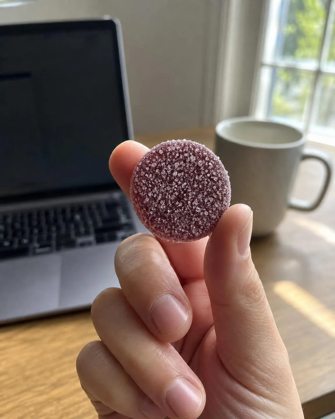 A hand holding one Dandy gummy up at a desk
