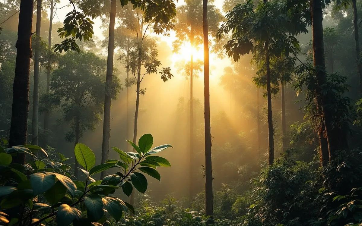 Sunlight through the Southeast Asian rainforest canopy