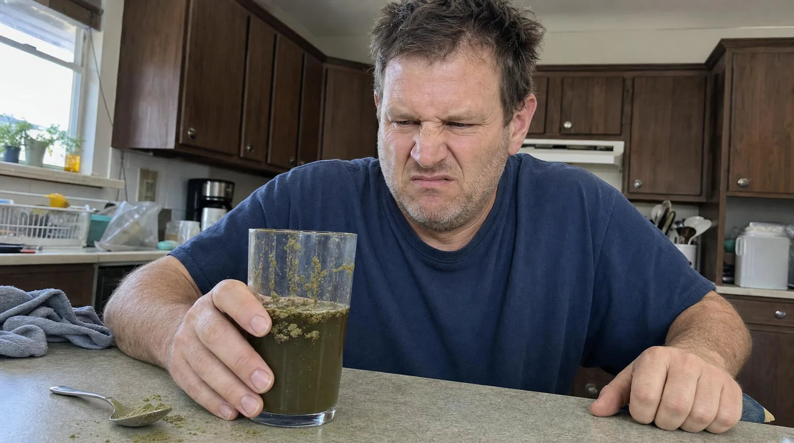A man grimacing over a glass of thick, lumpy green kratom on his kitchen counter