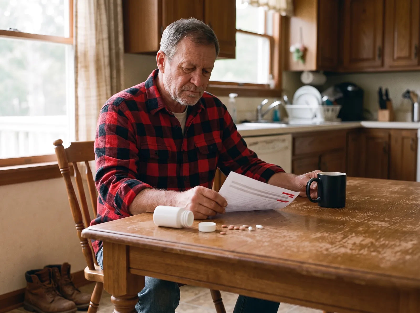 Jack, a contractor in a red flannel shirt, at his kitchen table beside his pills, coffee and a bloodwork printout