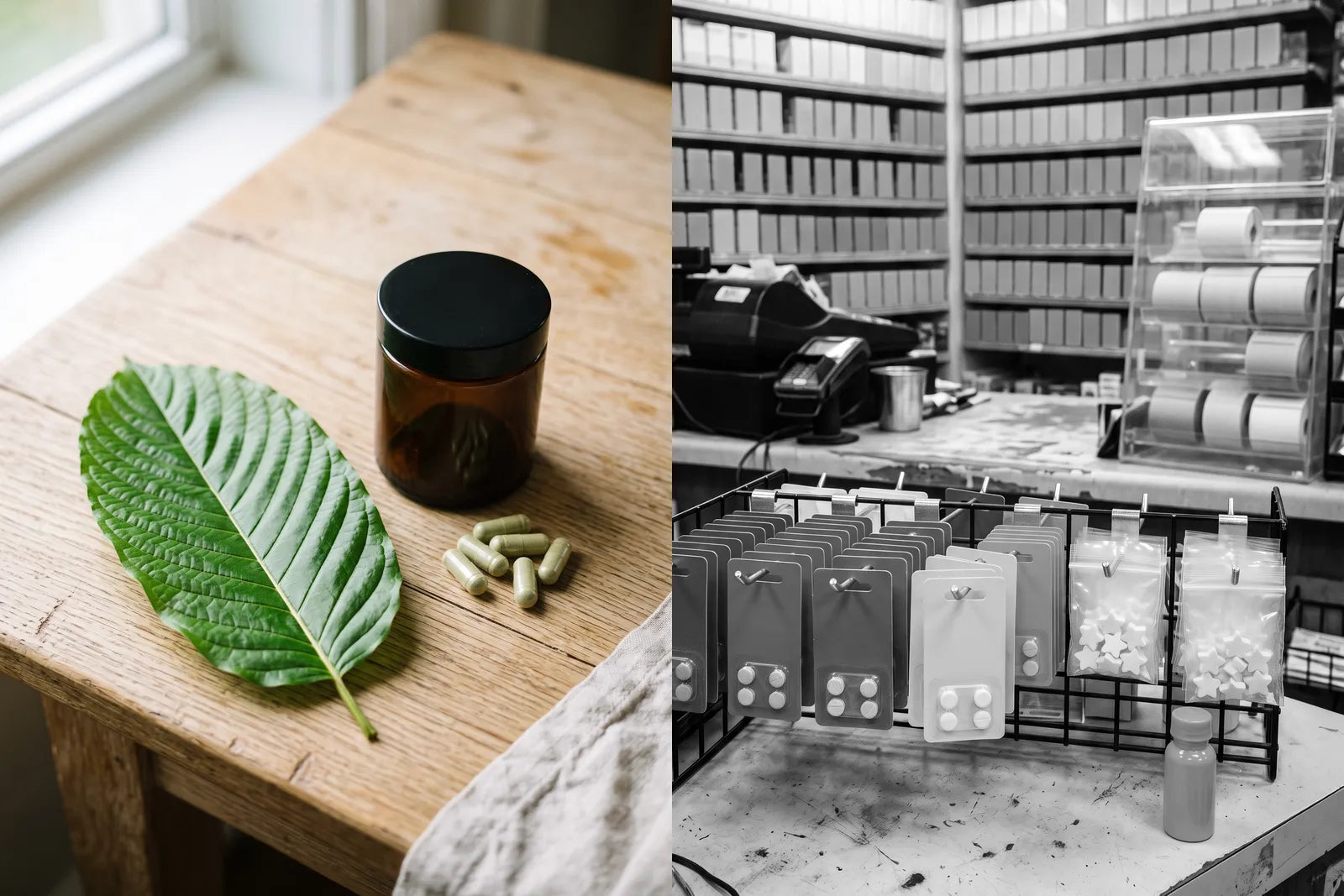 Left, in colour: a fresh leaf beside a plain jar of capsules. Right, in grey: bags of pressed tablets and a shot bottle on a gas station counter