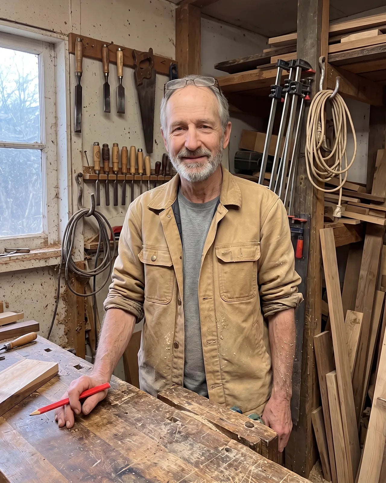 Dale, a grey haired carpenter, at his workbench, smiling at the camera