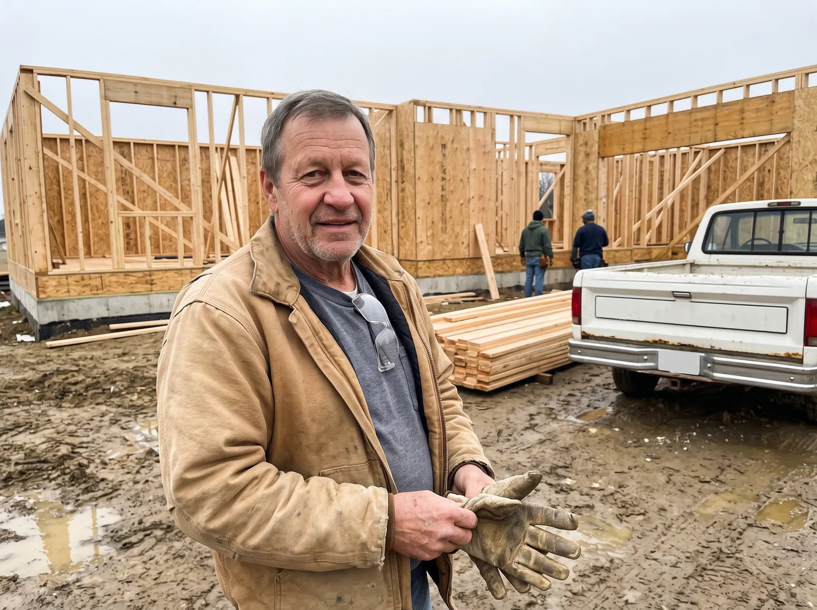 Jack on a job site in the morning, smiling at the camera, house framing behind him