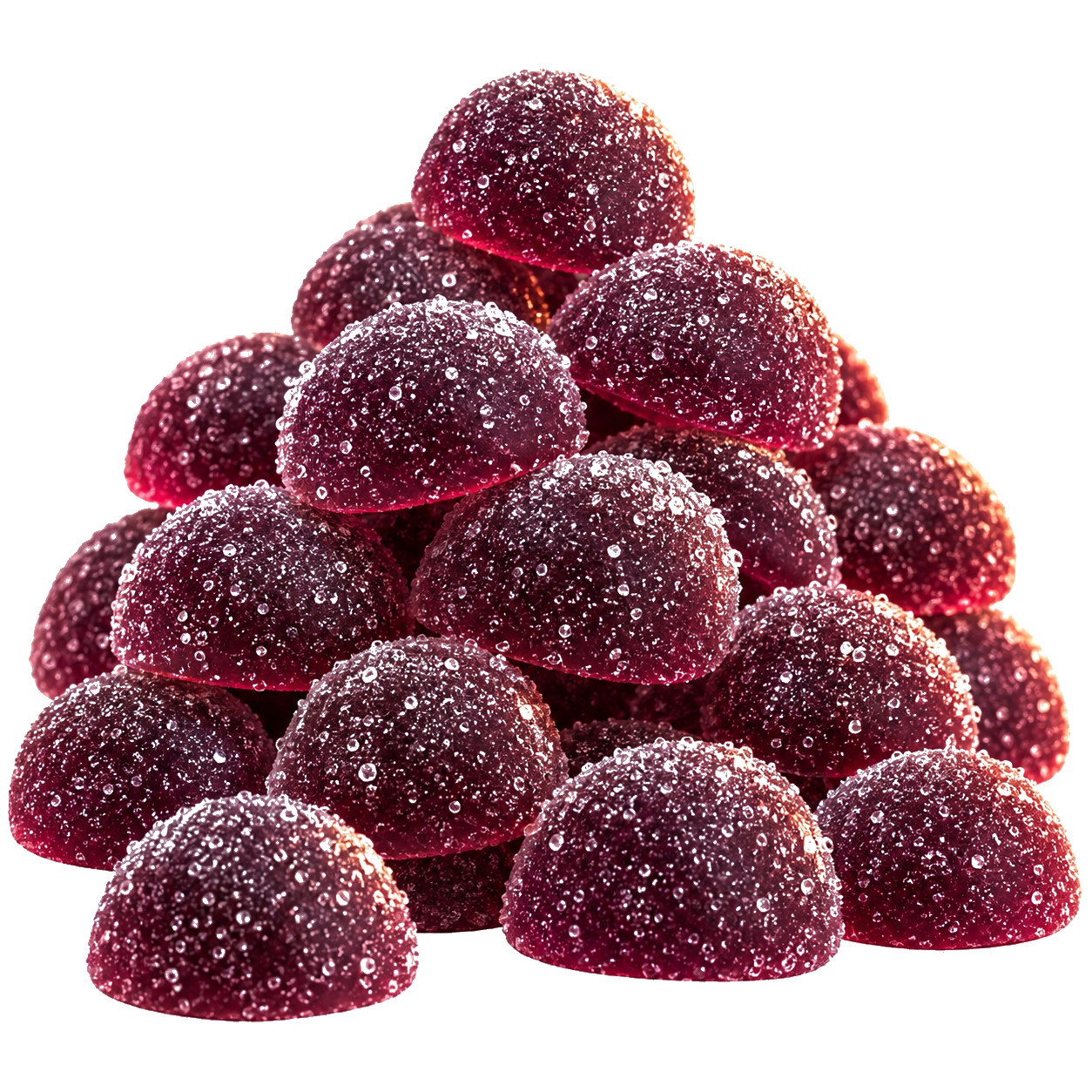 A large, glossy stack of purple, sugar-dusted Dandy mixed berry gummies