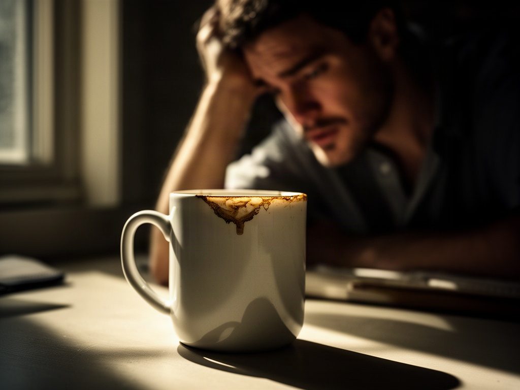 An empty coffee mug with a dried ring in sharp focus, a tired man resting his head on his hand blurred behind it