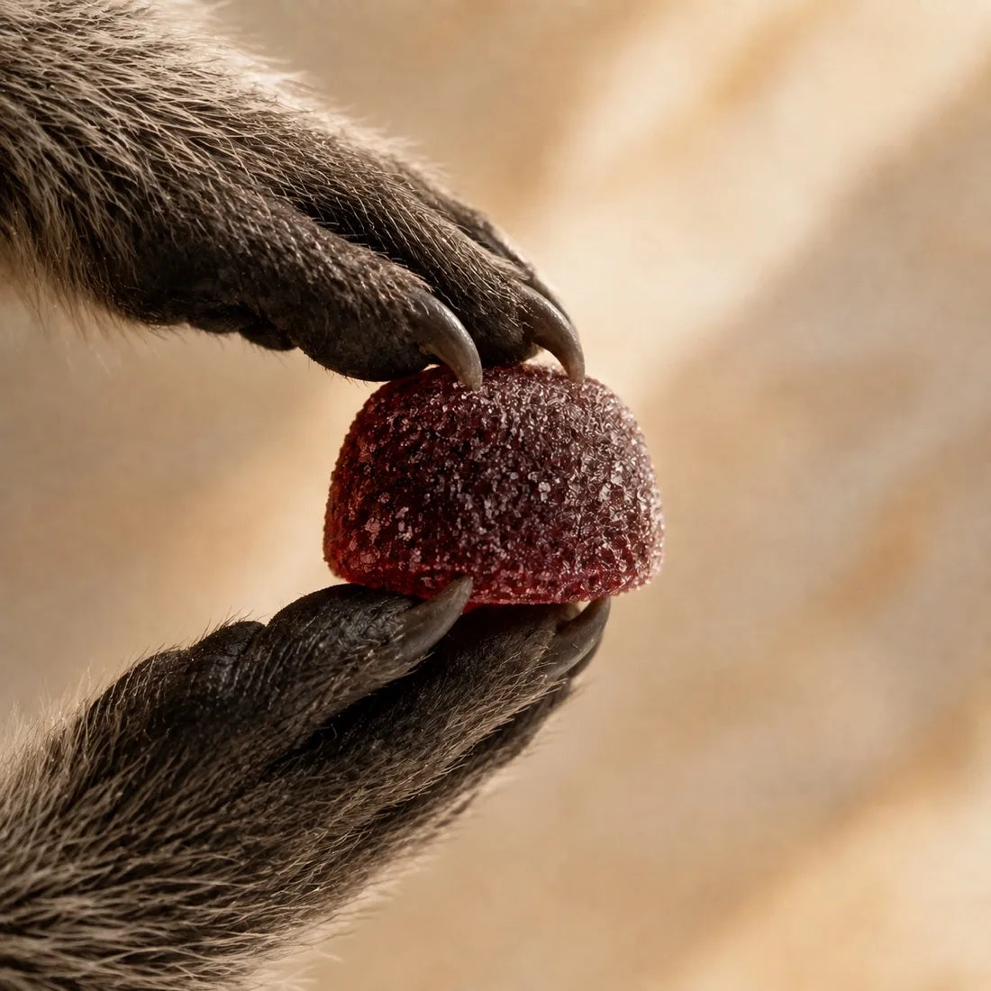 Close-up of fingers holding a single dark berry gummy