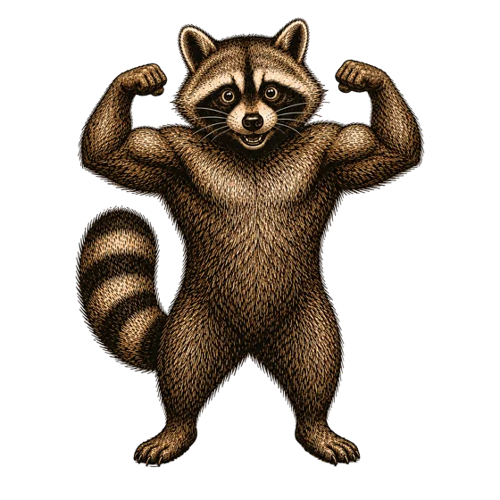 Illustration of the Dandy raccoon flexing both arms