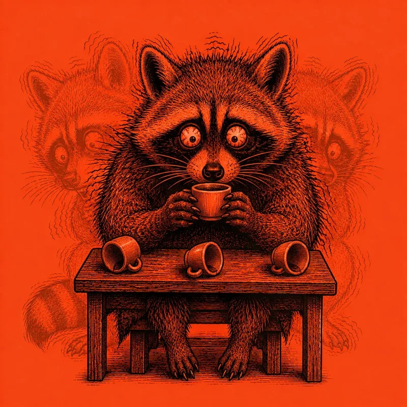 Illustration of a raccoon at a small table holding a coffee cup with three empty cups in front of it