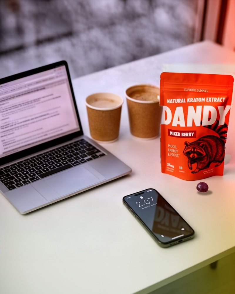 The same desk in color: two coffees pushed to the back, a Dandy Mixed Berry pouch at the right with one gummy on the desk, the email still open