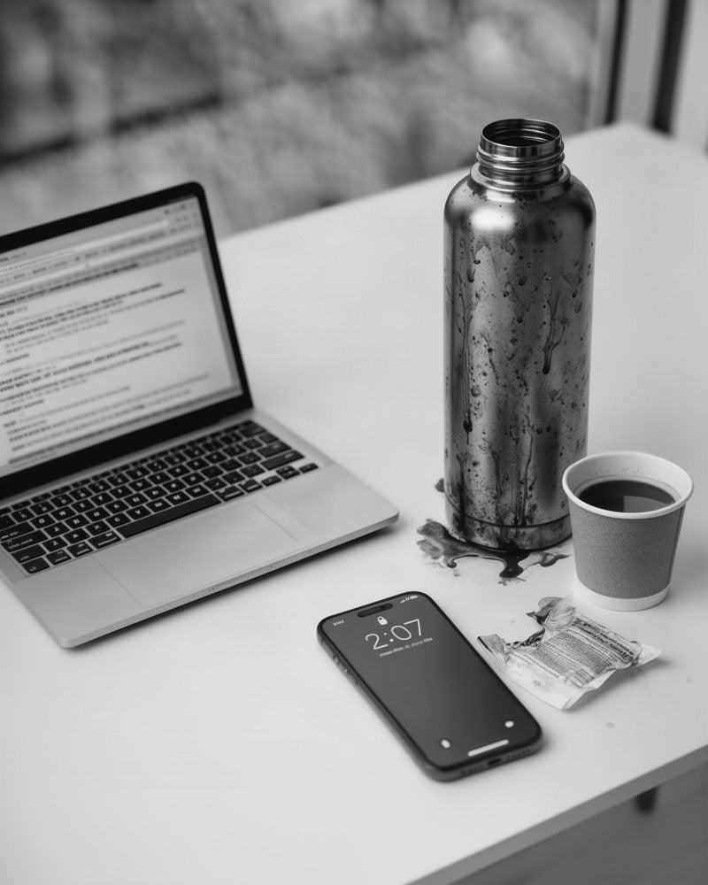 A desk at 2:07 PM in black and white: an open email on the laptop, a stained coffee thermos, a cold half-finished cup and a torn sugar packet
