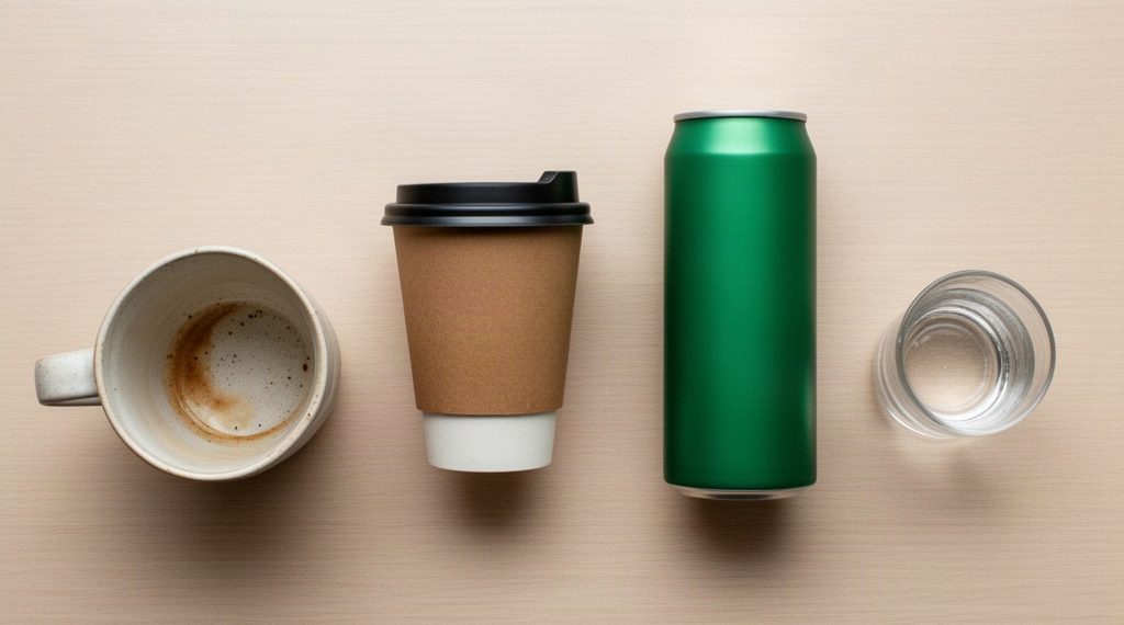 Overhead view of a desk with an empty mug, a takeaway coffee cup, an unbranded green energy drink can, and a glass of water in a row