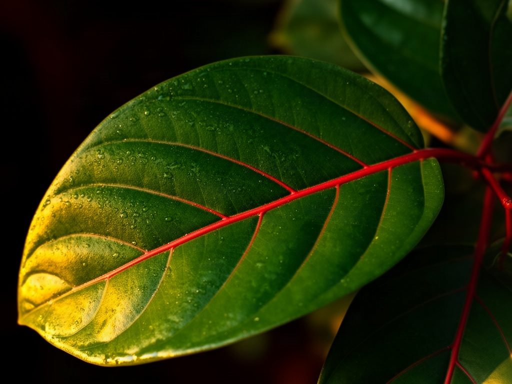 Close-up of glossy green kratom leaves with red veins and water droplets against a dark background