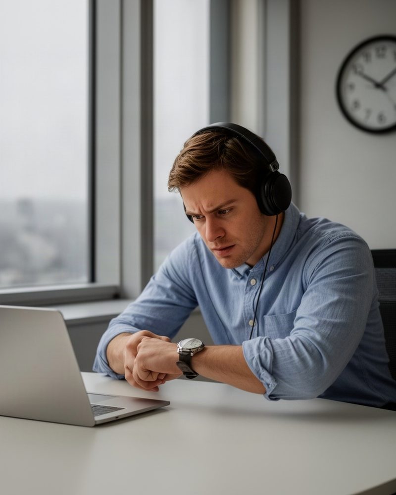 The same man in headphones on a call, checking his watch